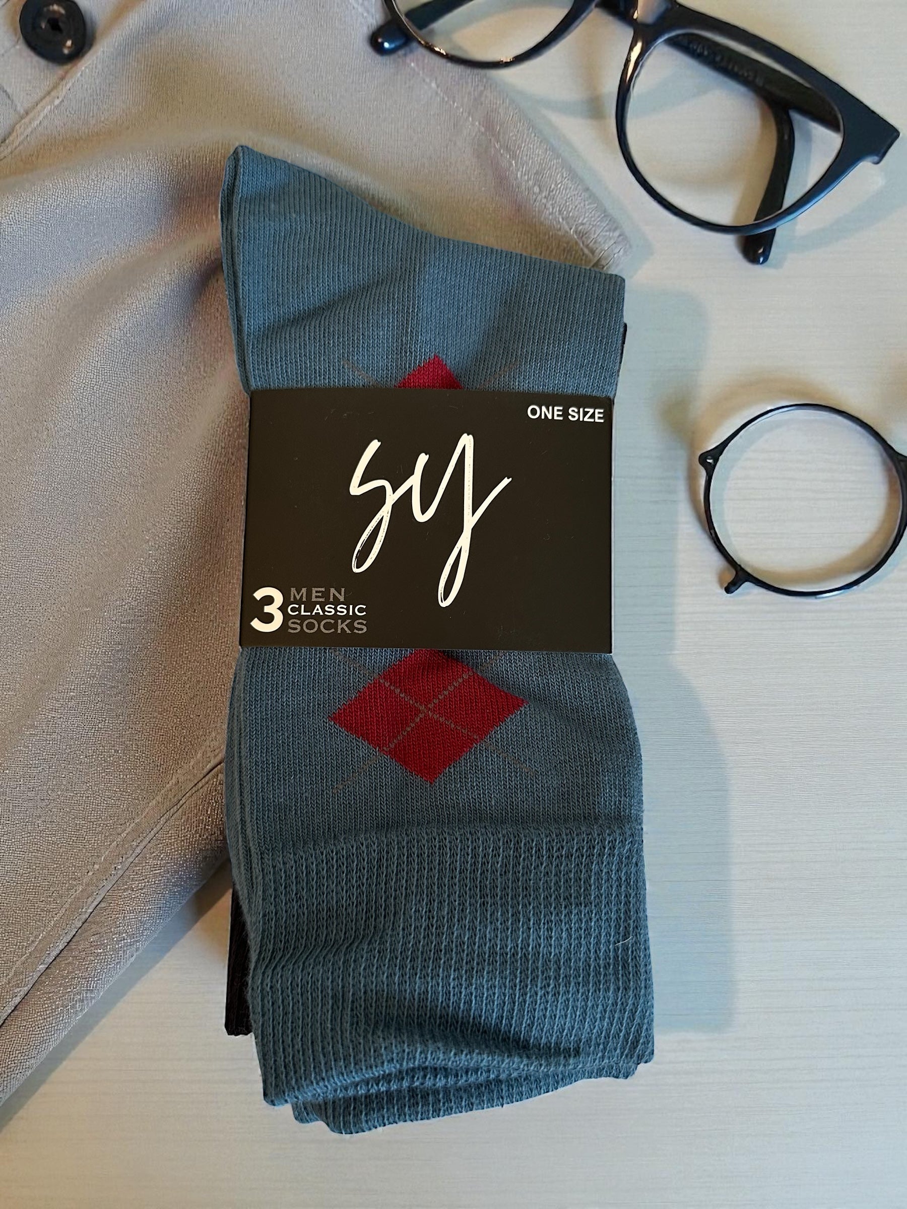 Chaussettes Longues Homme – Bleu à Carreaux Rouges – Pack de 3 Paires